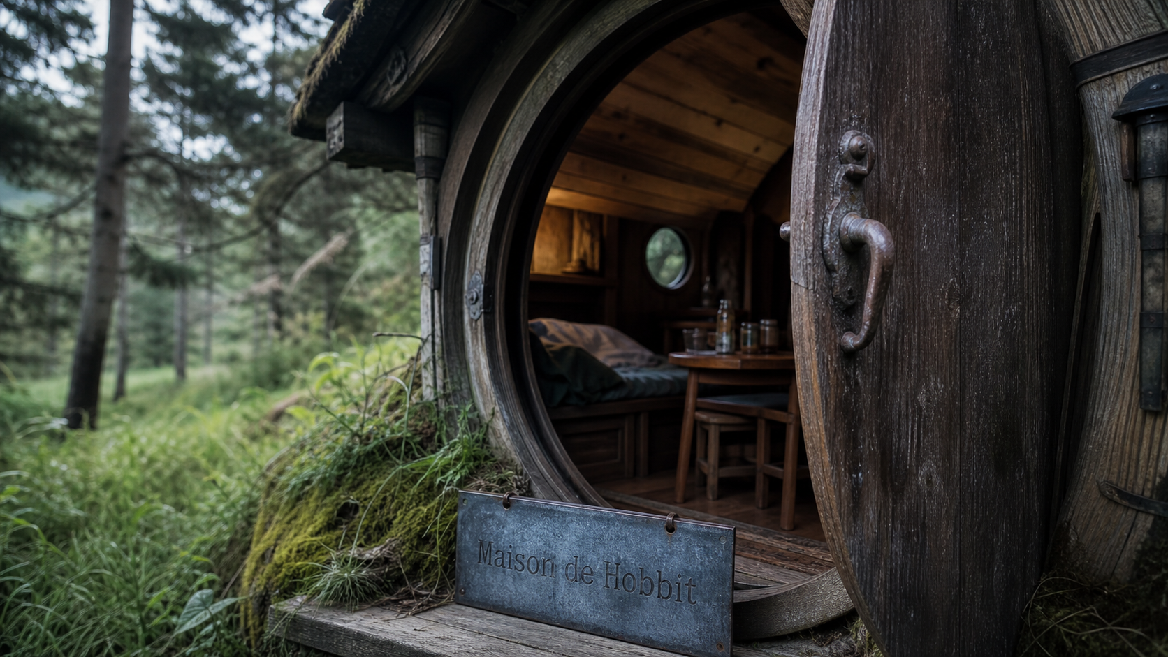 Maison hobbit : porte ronde, lit et coin repas