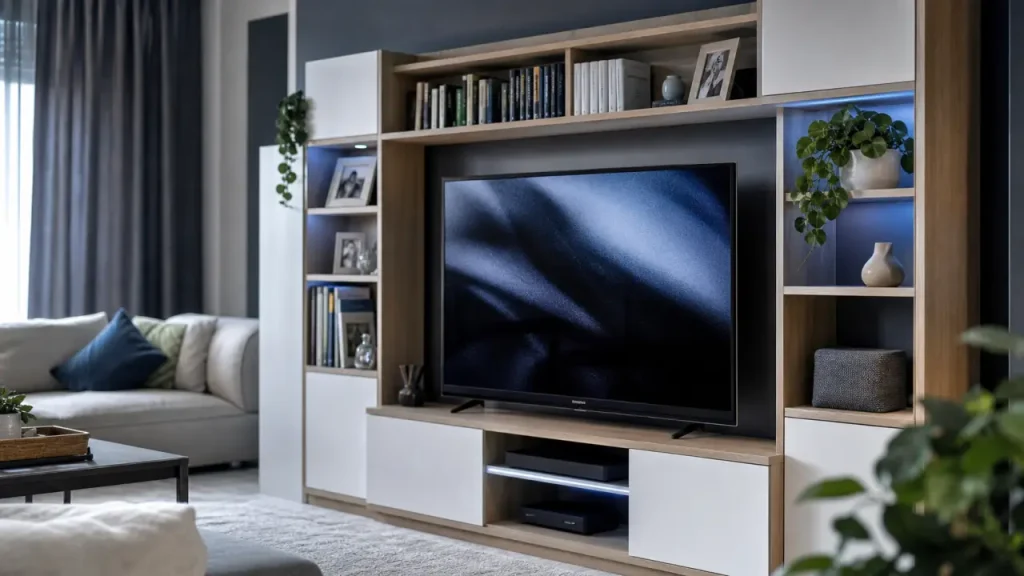 Meuble bibliothèque TV : le bon format pour un écran 55 pouces et des rangements utiles