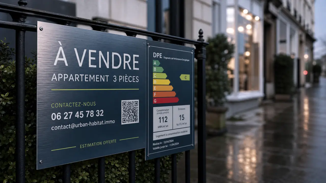Panneau immobilier visible depuis la rue, à vendre, DPE lisible