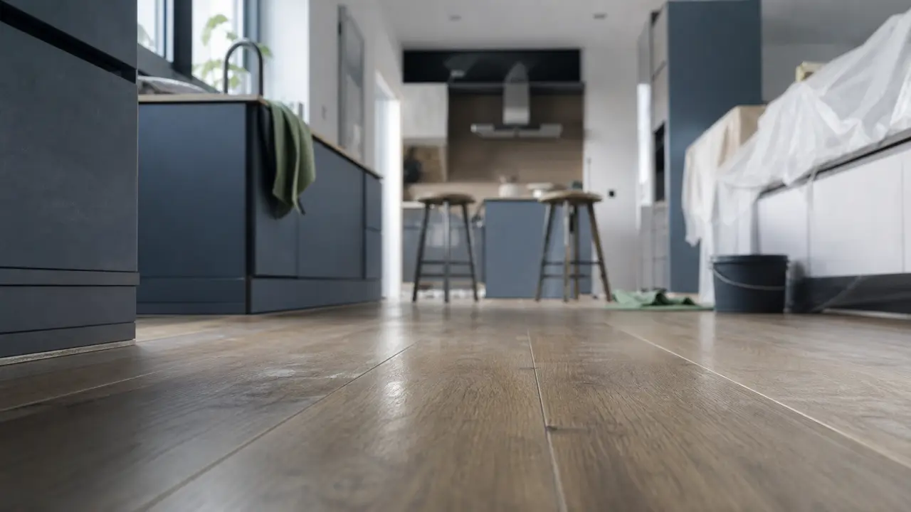 Parquet flottant dans une cuisine : lames près de l’évier