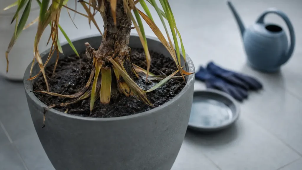 Photo de yucca malade : feuilles jaunes, taches noires et pourriture des racines