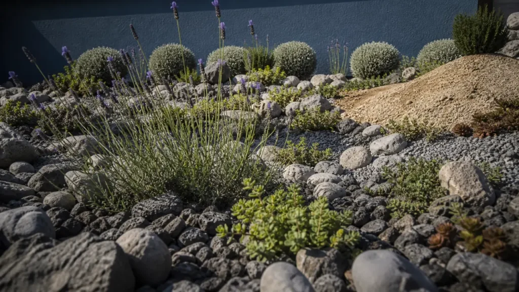 Plantes méditerranéennes sans arrosage en rocaille au soleil