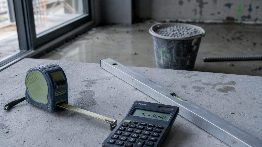 Poid beton : densité 2200 à 2400 kg/m³ sur chantier