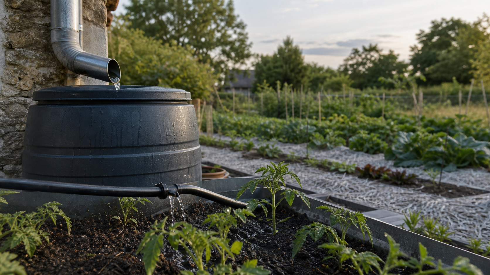 Récupérer l’eau de pluie au jardin : gouttière vers cuve, arrosage potager