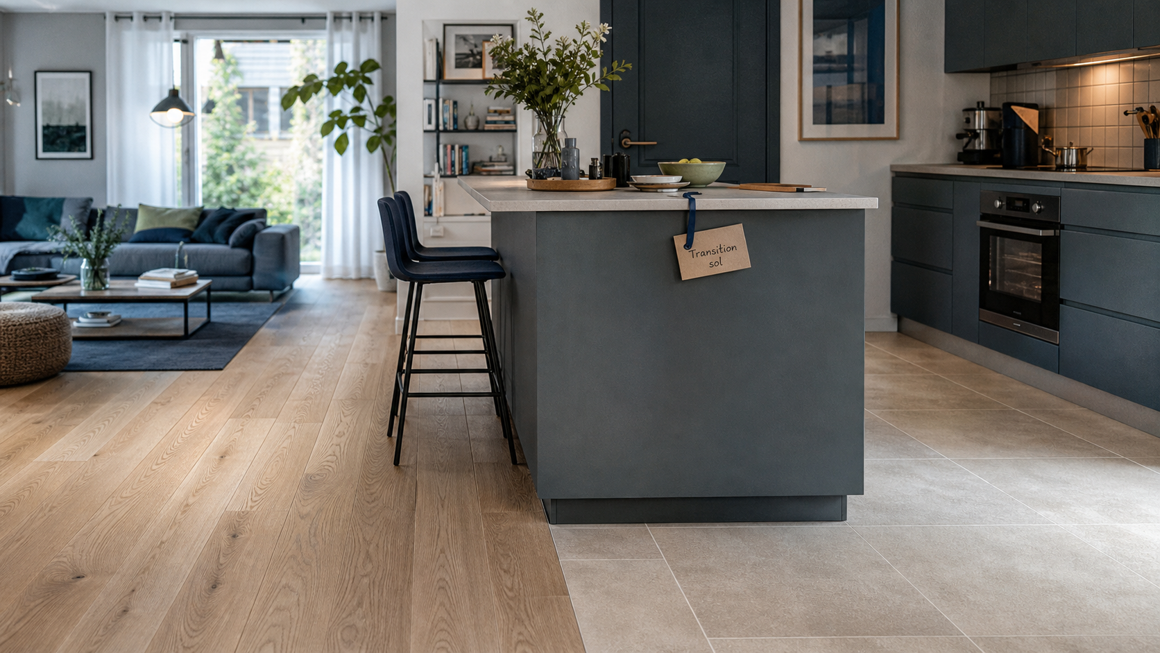 Jonction salon parquet cuisine carrelage : niveau, couleurs et profilé