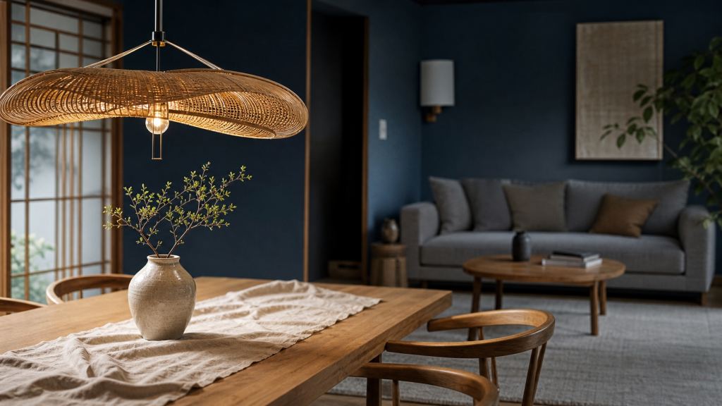 Suspension japandi en rotin et métal, lumière douce sur table en lin