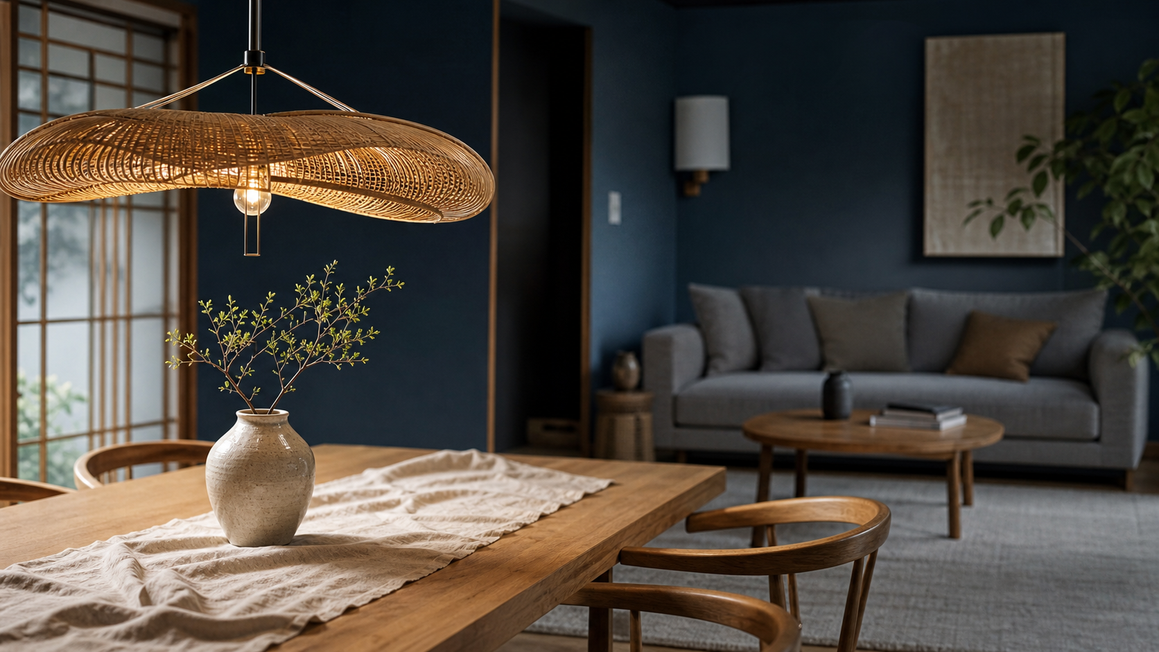 Suspension japandi en rotin et métal, lumière douce sur table en lin