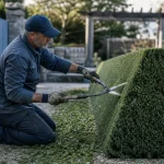 Taille cypres : jardinier taille une haie dense en trapèze