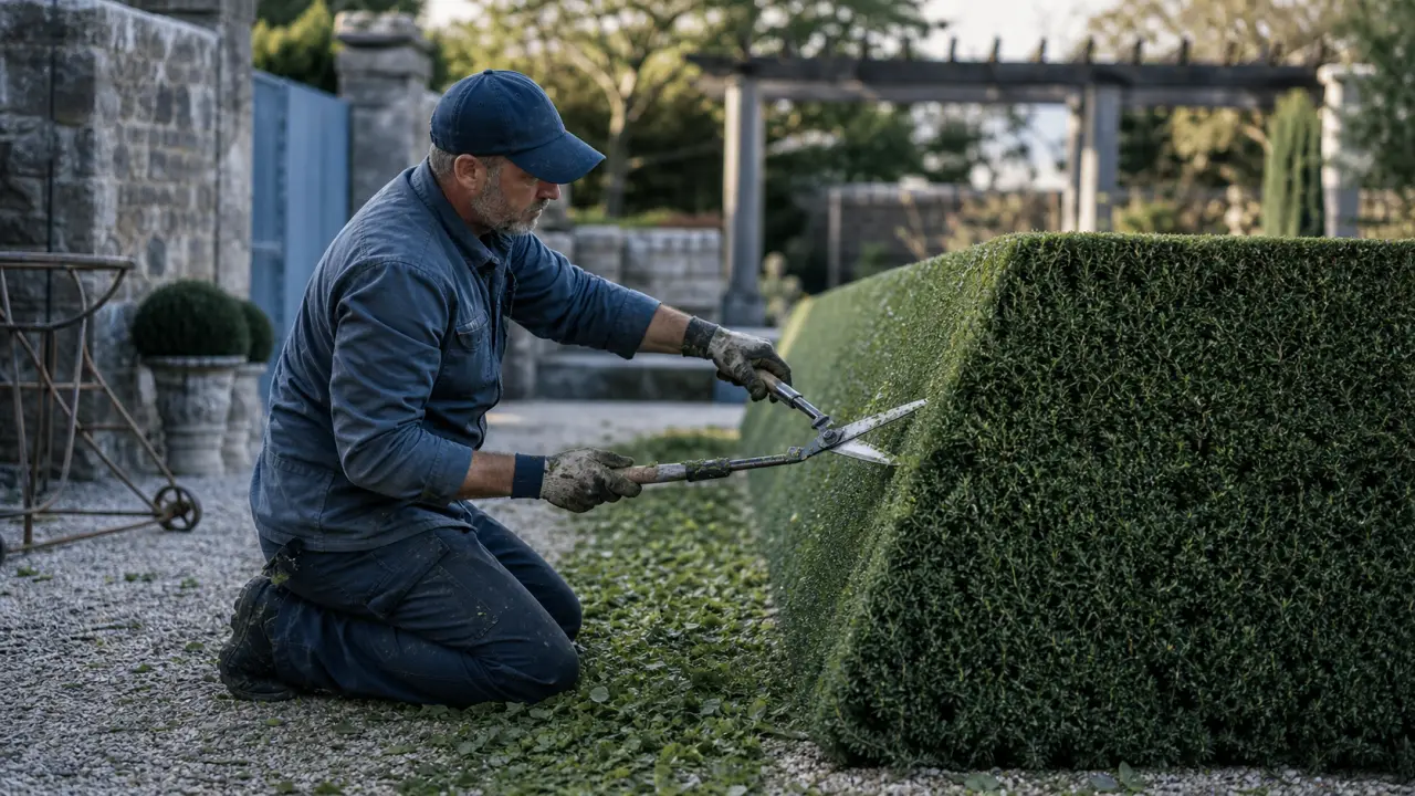 Taille cypres : jardinier taille une haie dense en trapèze