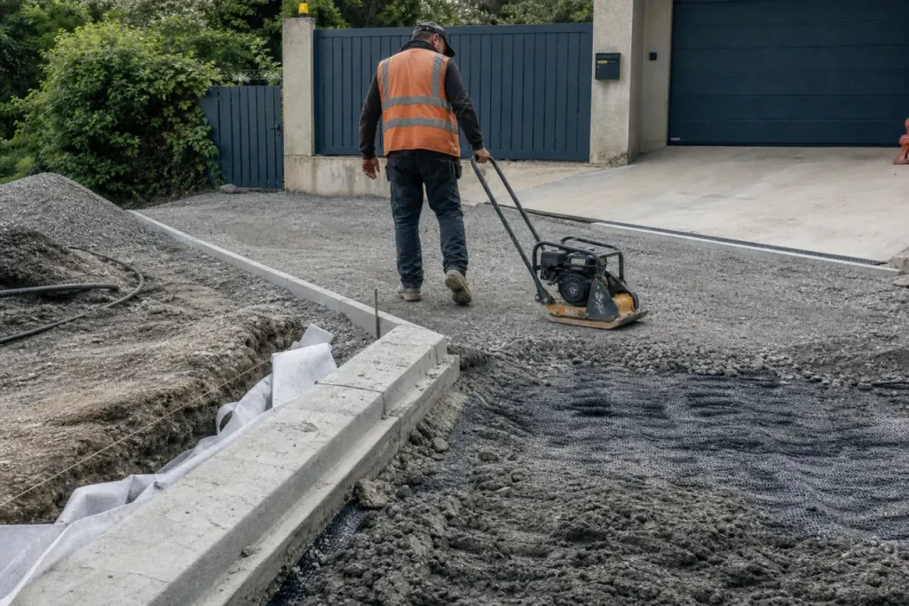 Allée carrossable pas chere en gravier stabilisé, bordure béton et compactage