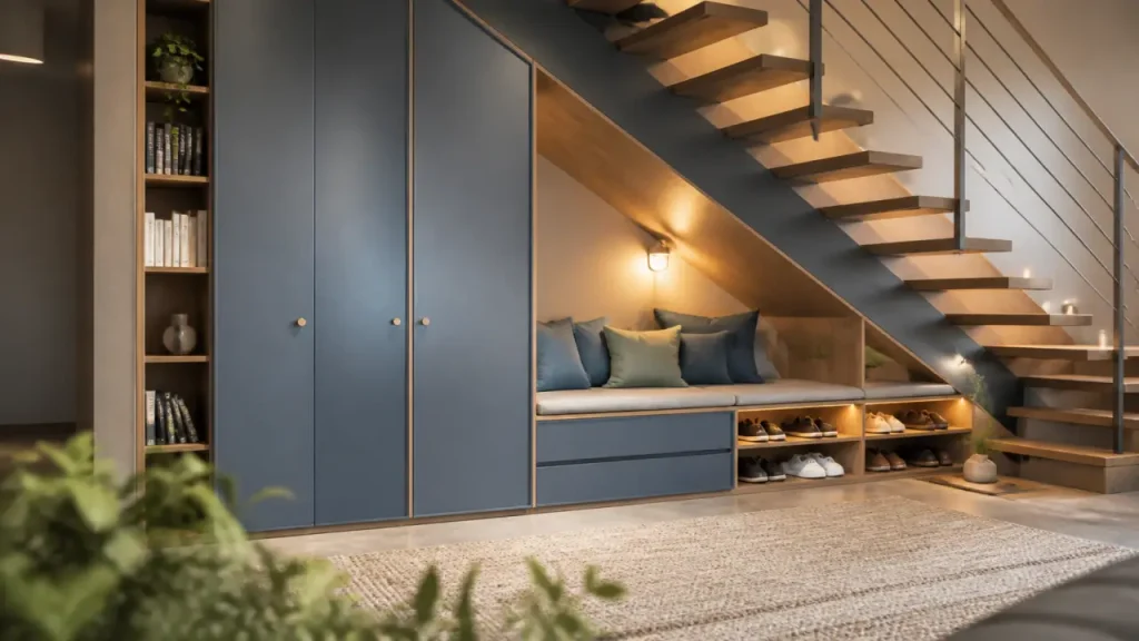 Aménagement sous escalier ouvert : banquette rangements et bureau discret sous escalier ajouré
