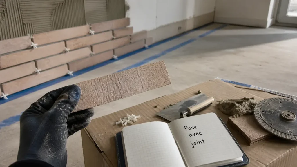 Brique pour mur intérieur : plaquette terre cuite sable rosé, joint et pose en cours