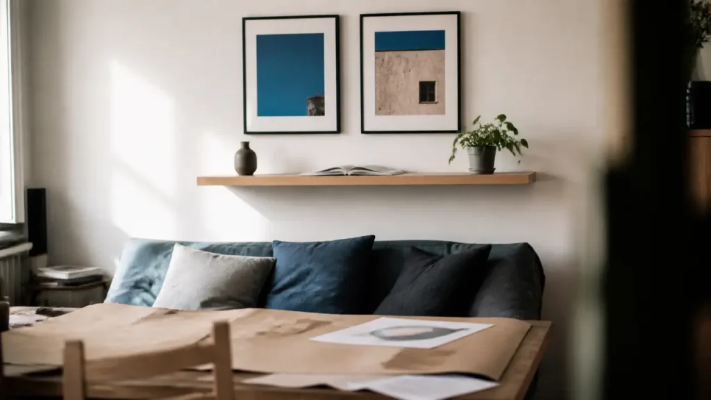 Décorer mur blanc avec cadres noirs, étagère bois et lumière chaude