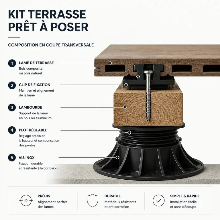 Schéma technique de la composition d'un kit terrasse prêt à poser avec lames, lambourdes et plots