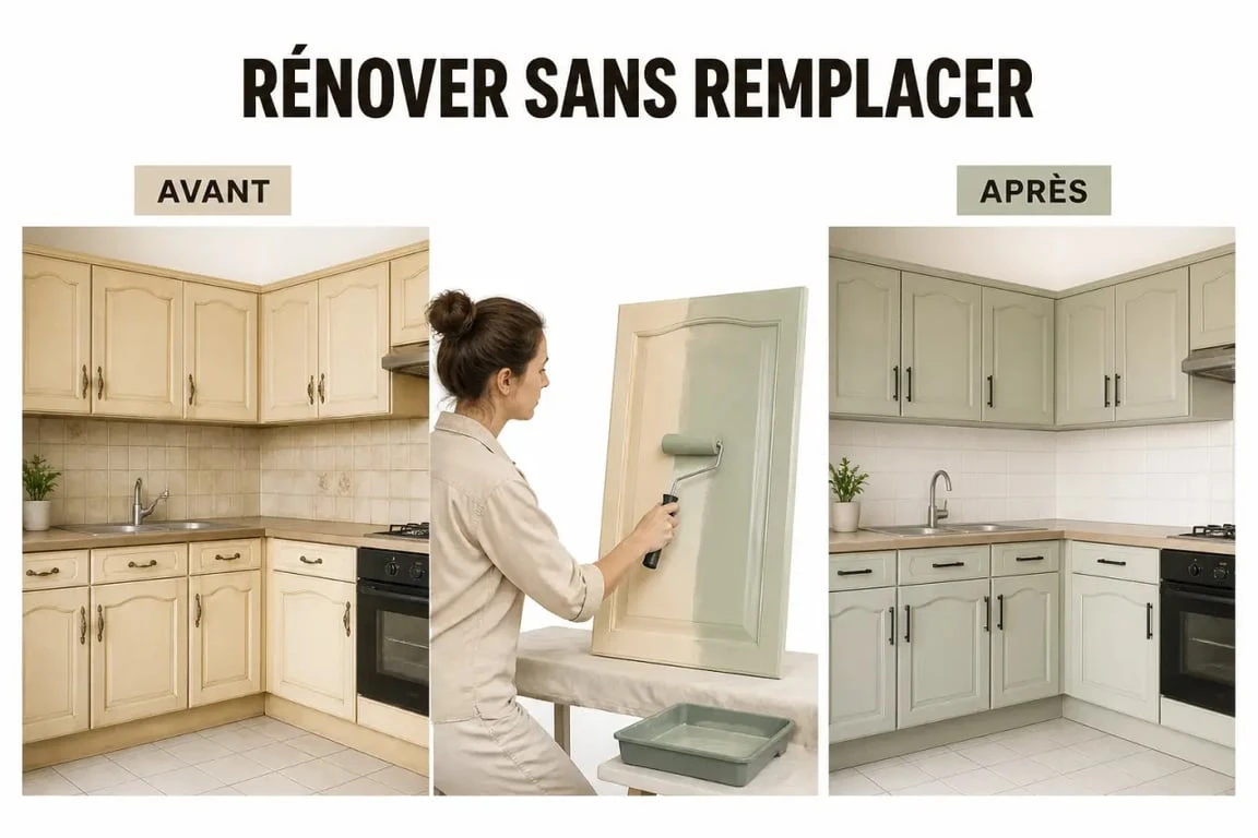 Rénover sa cuisine sans changer les meubles avec un avant/après de placards repeints et poignées modernisées
