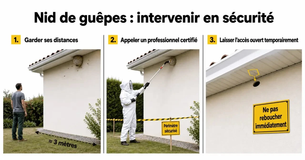 Intervention nid de guepe : un professionnel sécurise un nid sous toiture avec périmètre de sécurité