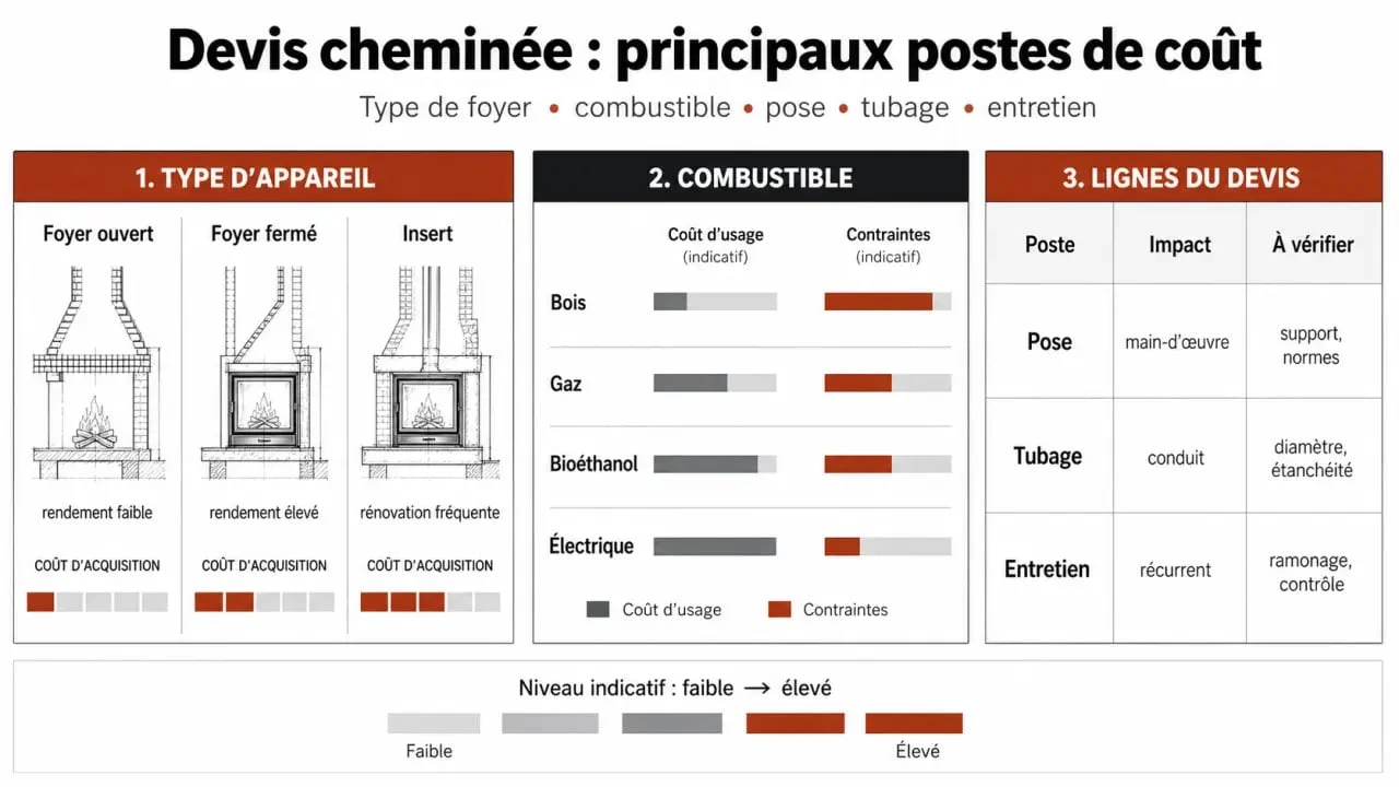 Devis pour cheminée : comparaison visuelle des prix, des types de foyer et des postes de coût