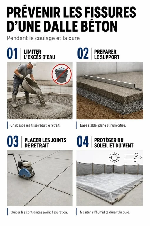 Dalle béton qui fissure au séchage : prévention pendant le coulage et la cure