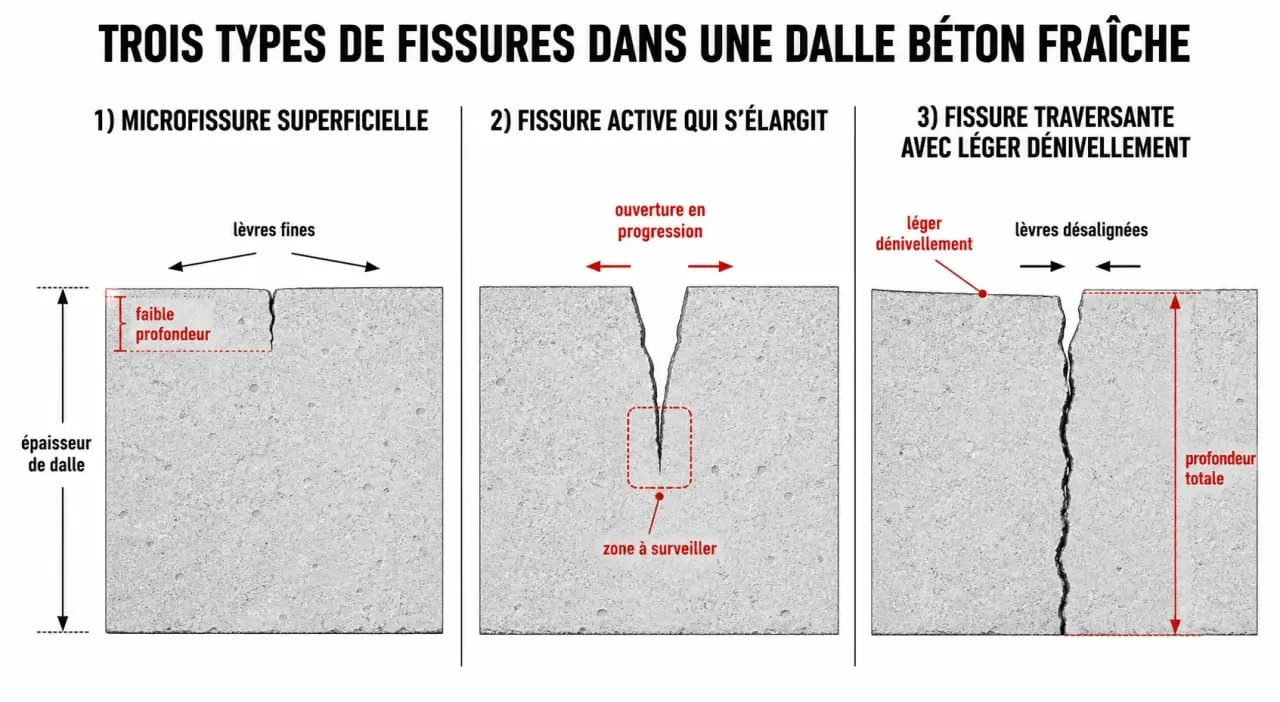 Dalle béton qui fissure au séchage : schéma des fissures superficielles, actives et traversantes