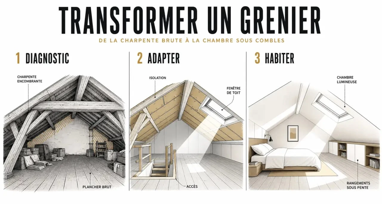 Aménager des combles : transformation d’un grenier brut en pièce habitable sous pente