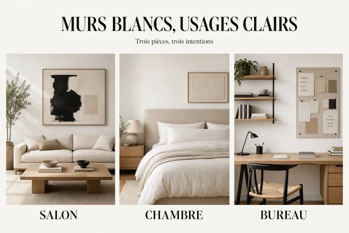Comment decorer mur blanc dans le salon, la chambre et le bureau avec des ambiances différentes
