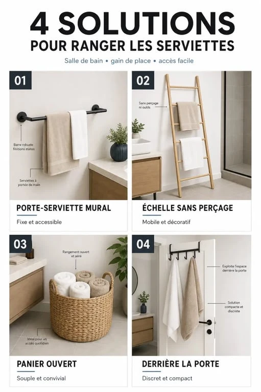 Rangement serviette : comparaison visuelle de plusieurs solutions dans une salle de bain