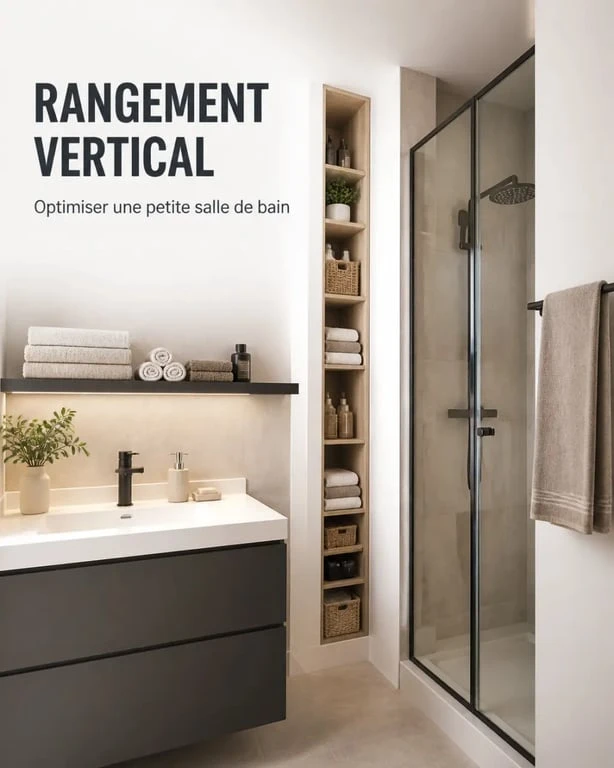 Rangement serviette dans une petite salle de bain avec étagère murale et porte-serviette
