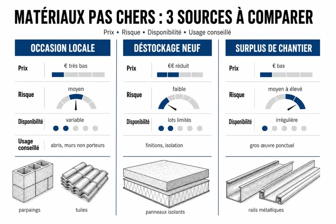 LeCoinDuBTP matériaux construction pas cher : comparaison visuelle des options occasion, déstockage neuf et surplus de chantier
