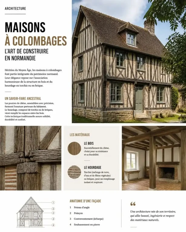 Maison en colombages typique de Normandie avec ossature bois apparente