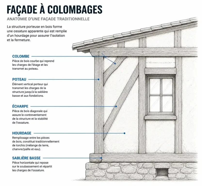 Schéma technique d'une maison en colombages détaillant l'ossature bois et le hourdage