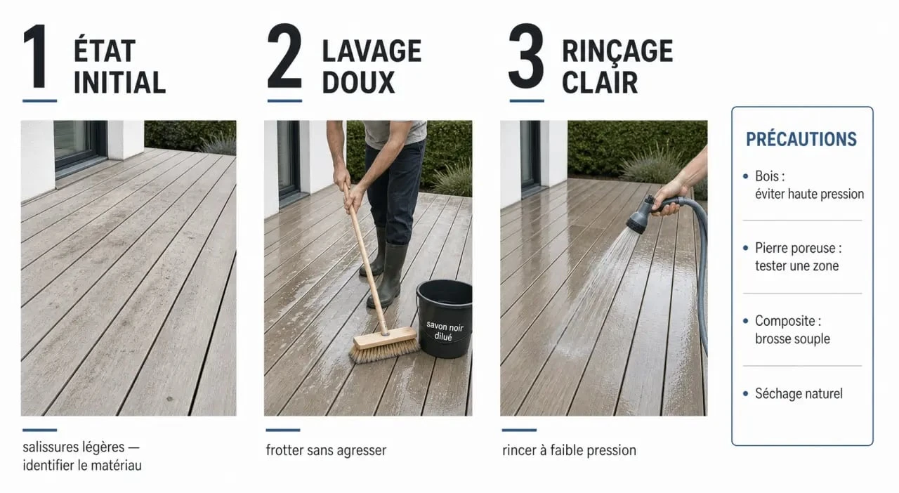 Terrasse nettoyage : étapes pour balayer, frotter au savon noir et rincer sans abîmer le revêtement