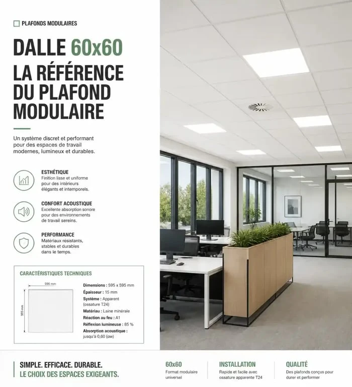 Rendu esthétique d'un faux plafond 60x60 dans un bureau moderne