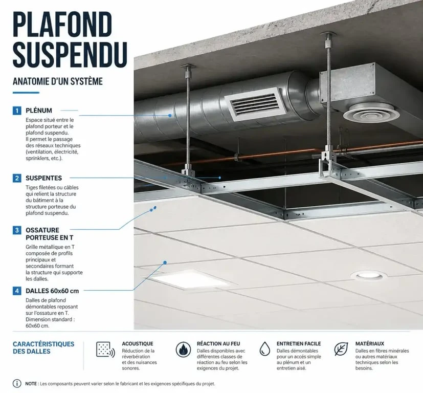 Schéma technique d'une ossature de faux plafond 60x60 avec plénum