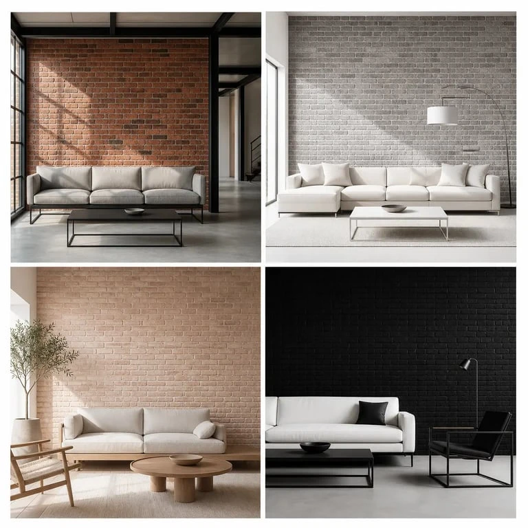 Brique pour mur intérieur : comparaison de quatre styles dans un salon, rouge, gris, sable rosé et noir