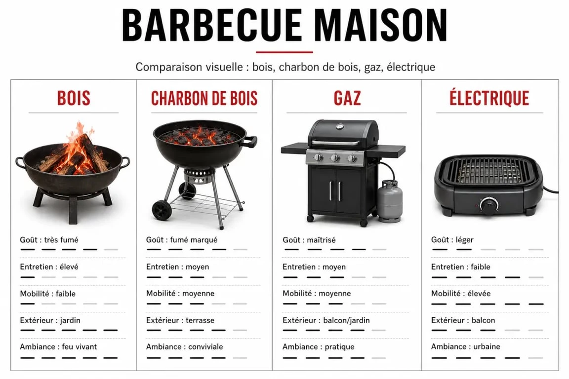Faire un barbecue maison : comparaison visuelle entre bois, charbon, gaz et électrique