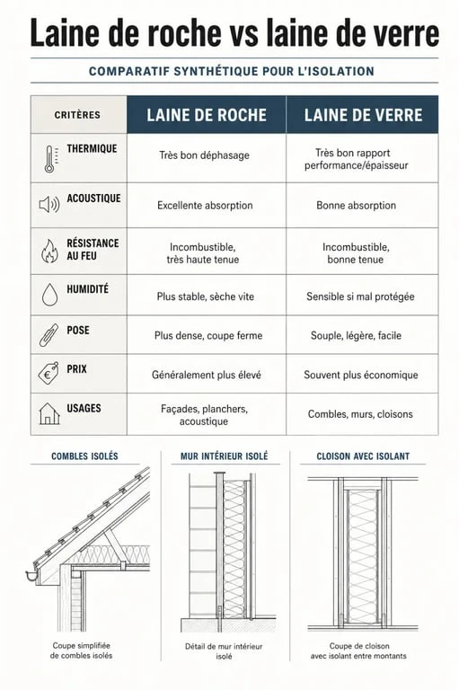 Comparatif laine de roche et laine de verre pour l'isolation thermique, acoustique, au feu, à l'humidité et à la pose