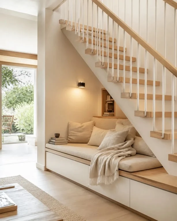 Aménagement sous escalier ouvert en coin lecture avec banquette, coussins et éclairage chaud