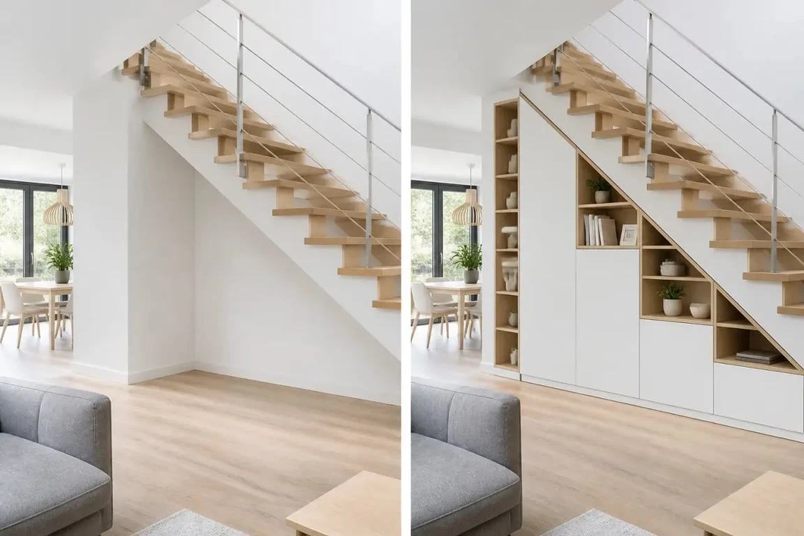 Aménagement sous escalier ouvert avant/après avec rangement fermé, niches et finition bois clair