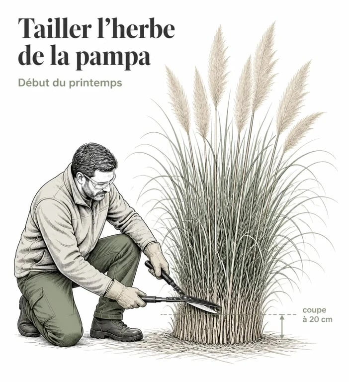 Taille pampa au début du printemps avec coupe à 20 cm du sol et protections de jardinage