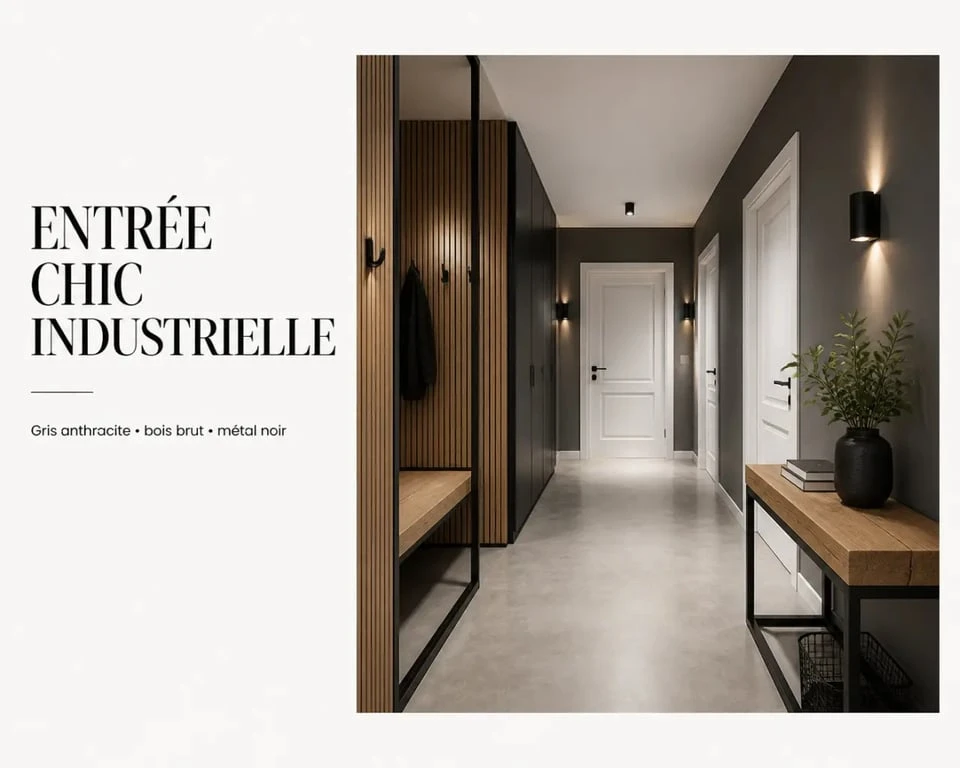 Couleur peinture pour couloir chic et industriel avec gris anthracite et bois brut