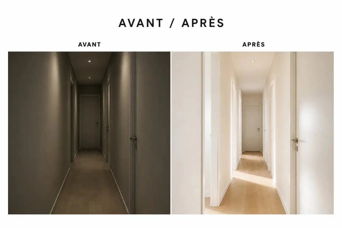 Couleur peinture pour couloir sombre avant/après avec murs clairs et éclairage doux