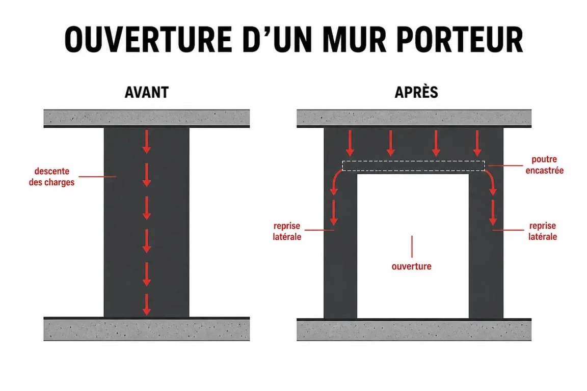 Ouverture maximale mur porteur sans IPN : schéma de reprise de charge avec linteau caché