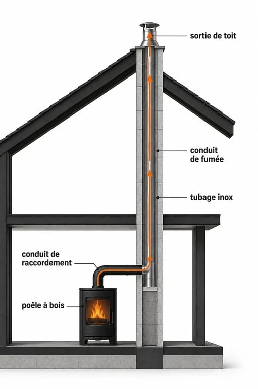 Poele a bois tubage : schéma du poêle, du conduit de raccordement, du tubage inox et de la sortie de toit dans une maison ancienne