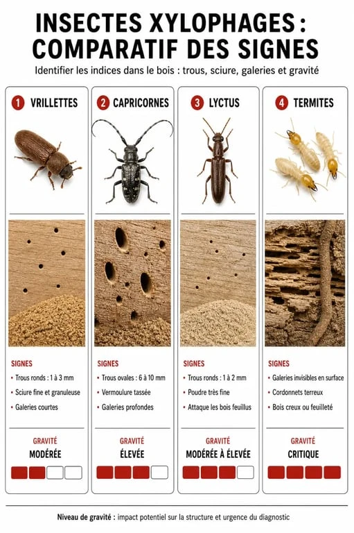 Tableau comparatif des insectes xylophages pour identifier les mites du bois et autres nuisibles dans les meubles