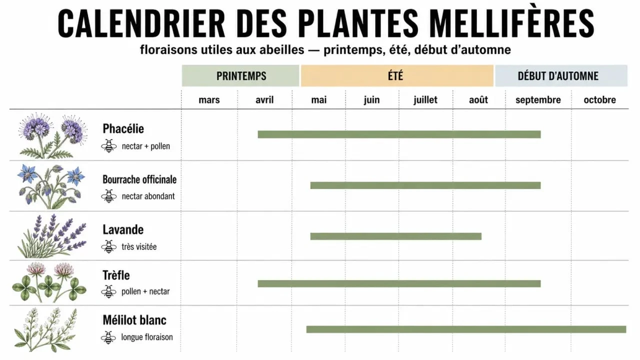 Calendrier visuel des plantes mellifères avec phacélie, bourrache, lavande et trèfle selon la saison