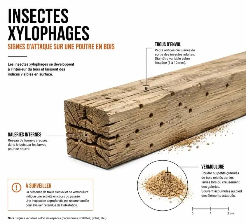 Signes d'attaque insectes xylophages charpente bois