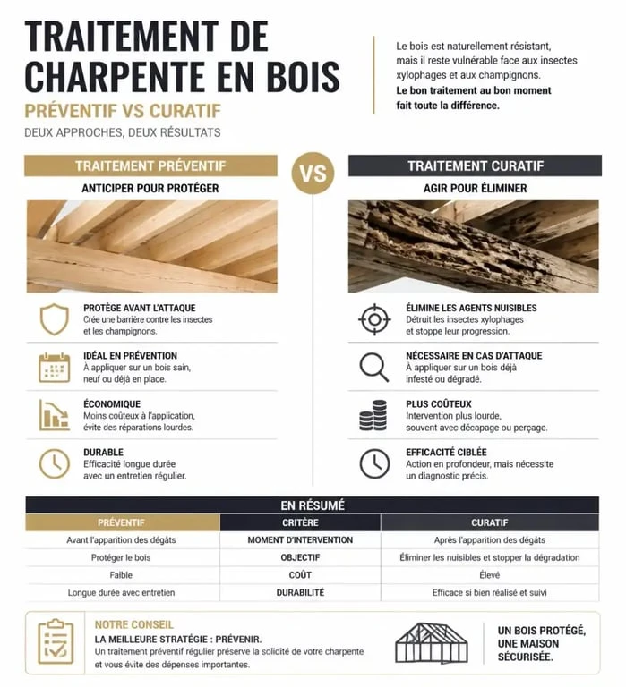 Comparatif traitement préventif et curatif charpente bois