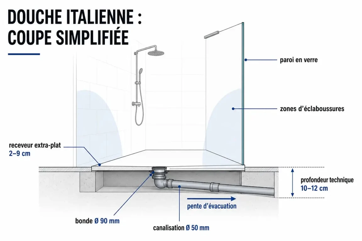 Dimension douche italienne : schéma des dimensions techniques, de la pente et des éléments d’évacuation