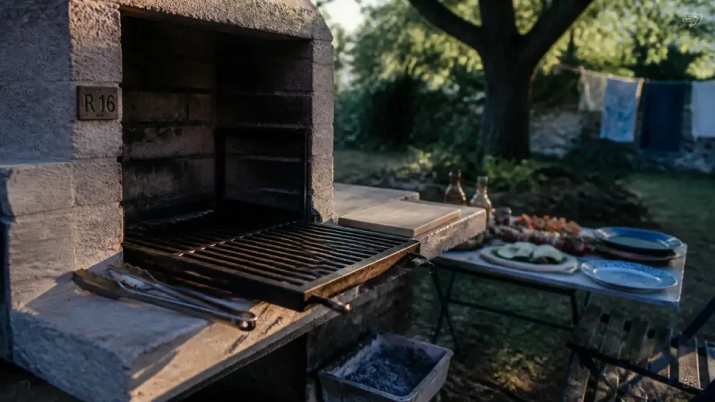 Faire un barbecue maison au bois : feu de bois, grille noire et briques réfractaires