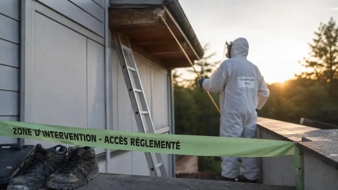 Intervention nid de guepe : technicien vérifie un nid sous la gouttière à 3 mètres